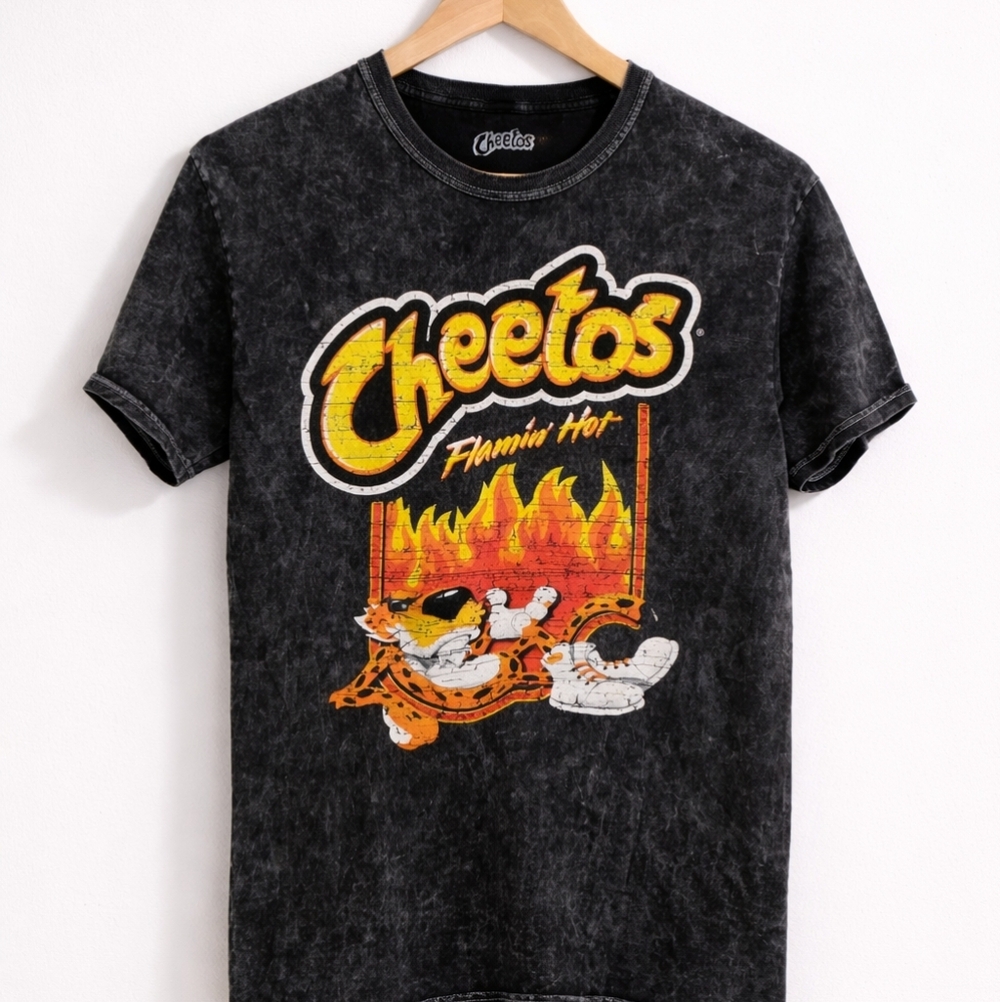 Cheetos Flamin’ Hot Graphic Tee Black Acid Wash Vintage Style Size M